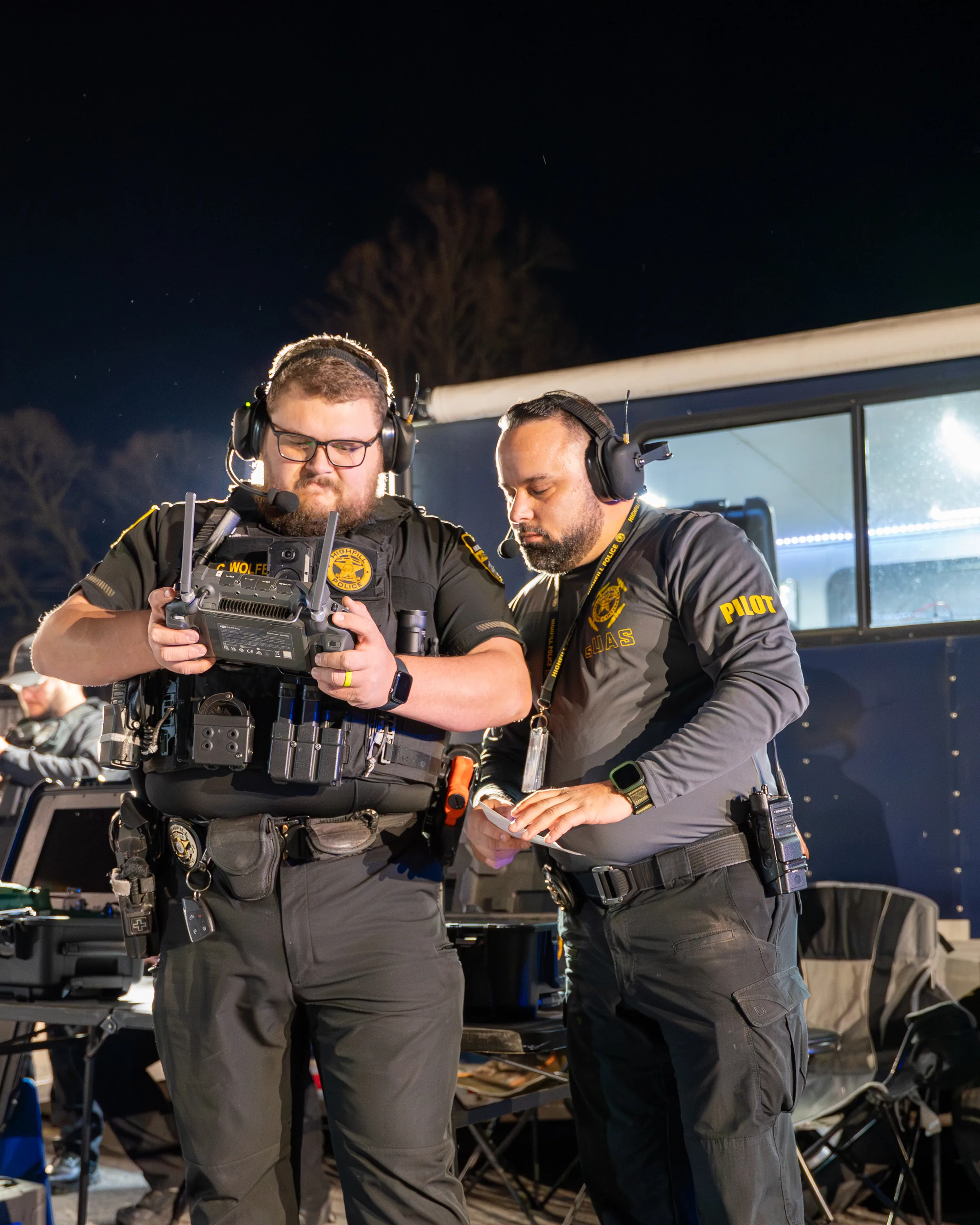 Highfill Police Department officers during nighttime sUAS drone training